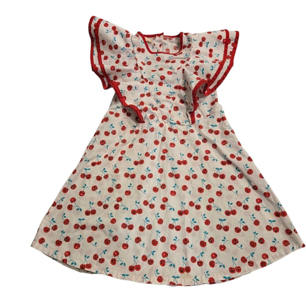 Kinderkind Little Girls Dress Size 7 Cherry Ruffle Sleeves Summer Heart Cut Out